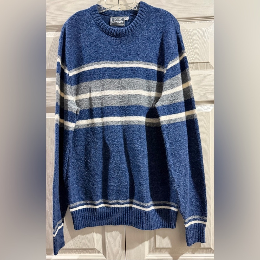 Vtg Le Tigre Knit Sweater Mens Tall Large 90s Blue Striped Style Knit Textured